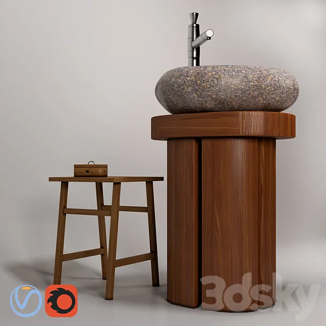 Sink Teak House “River Stone” outdoor basin mixer Bandini Pyramide 3ds Max