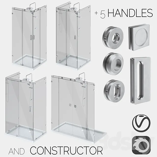 Sliding glass shower cabins designer and handle set 3ds Max