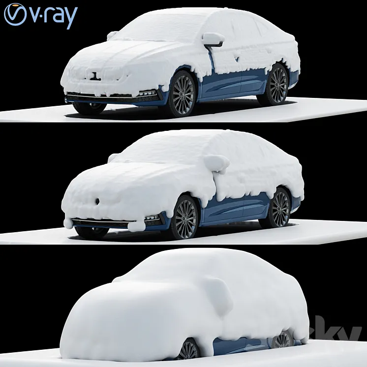 snow covered cars in the parking lot 3DS Max