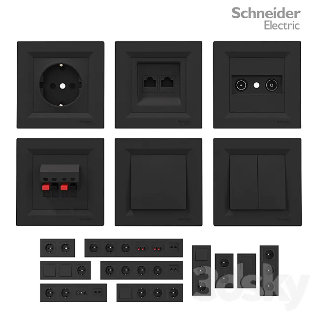 Sockets and switches Schneider Asfora Black. 3DS Max Model