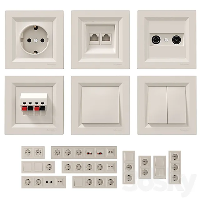 Sockets and switches Schneider Asfora Cream. 3ds Max