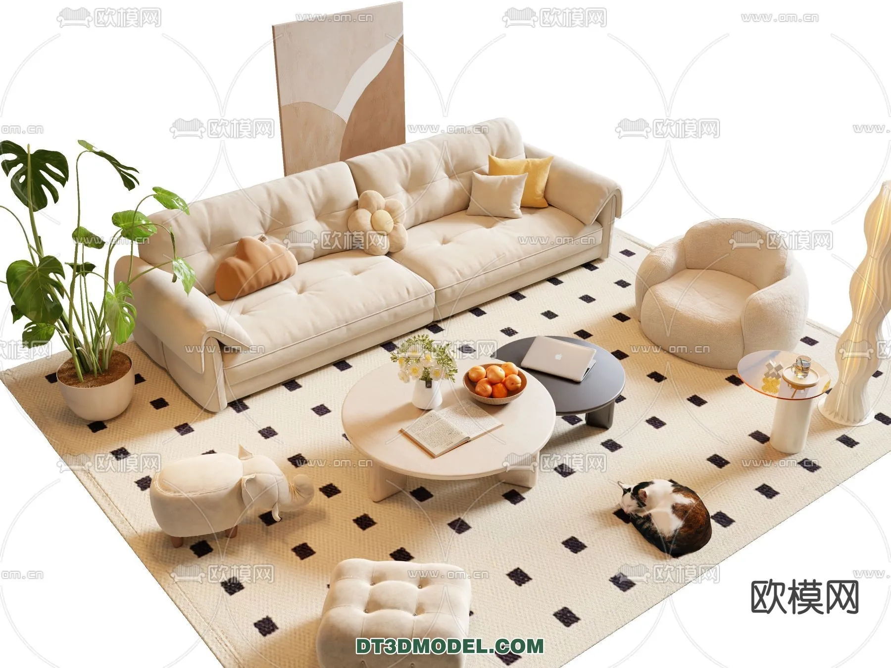 Sofa 3D Model with Cream Color – Furniture 3DS Max – 050