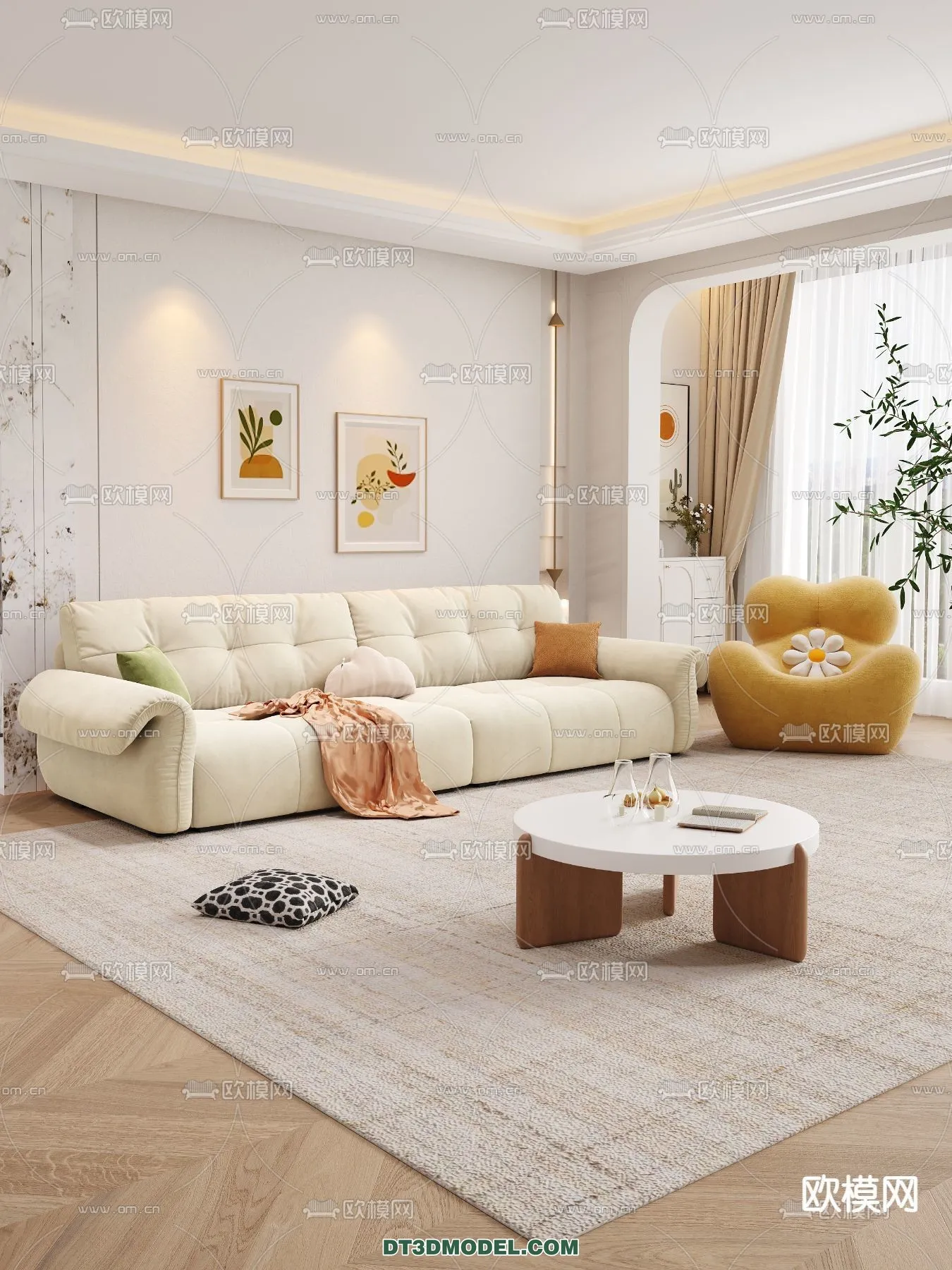 Sofa 3D Model with Cream Color – Furniture 3DS Max – 056