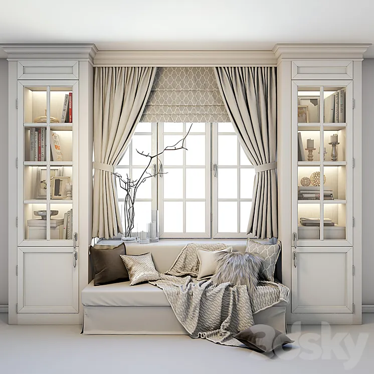 Soft area at the window – a sofa with pillows blankets curtains cabinets and decor. 3DS Max