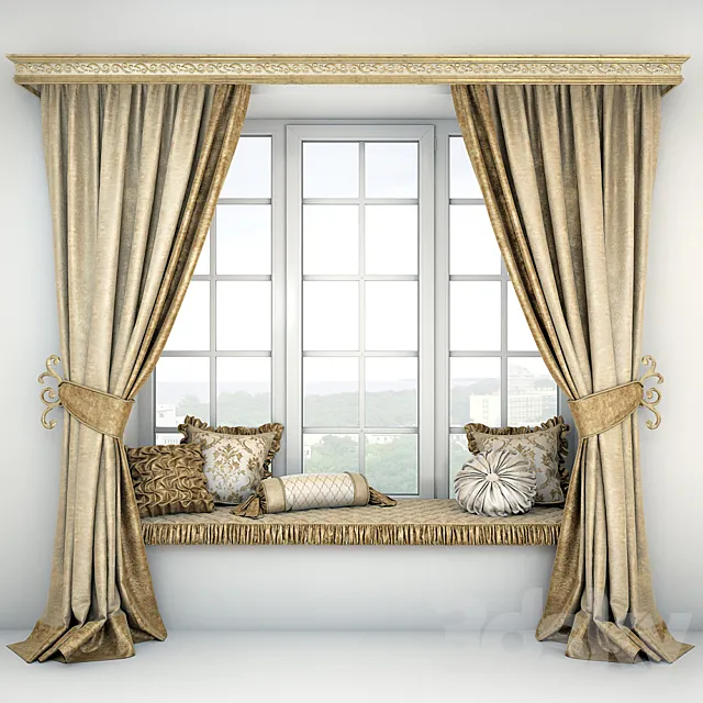 Soft quilted sill with cushions and curtains 3DSMax File