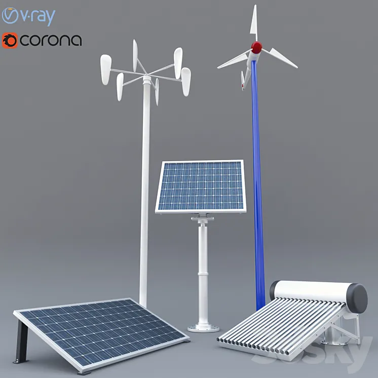 solar panel solar heater and wind turbine 3DS Max