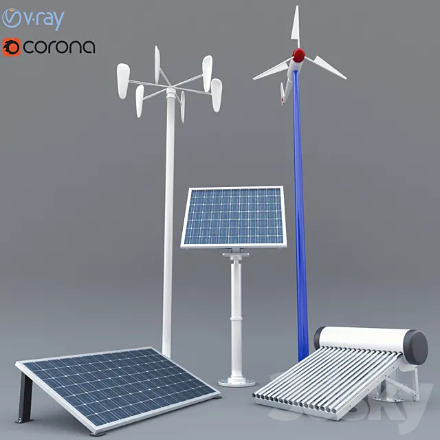 solar panel. solar heater and wind turbine 3DSMax File