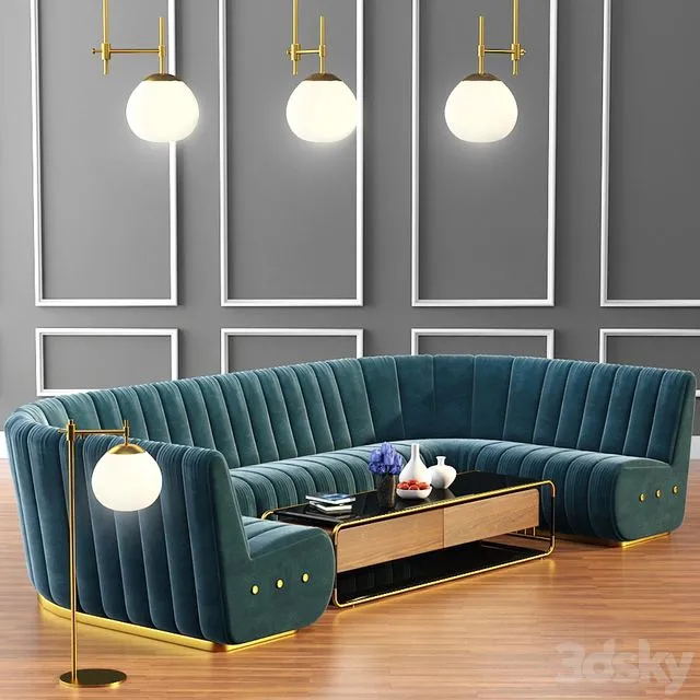 Sophia Long Sofa & Launter Table With Parquet 3dsMax Model