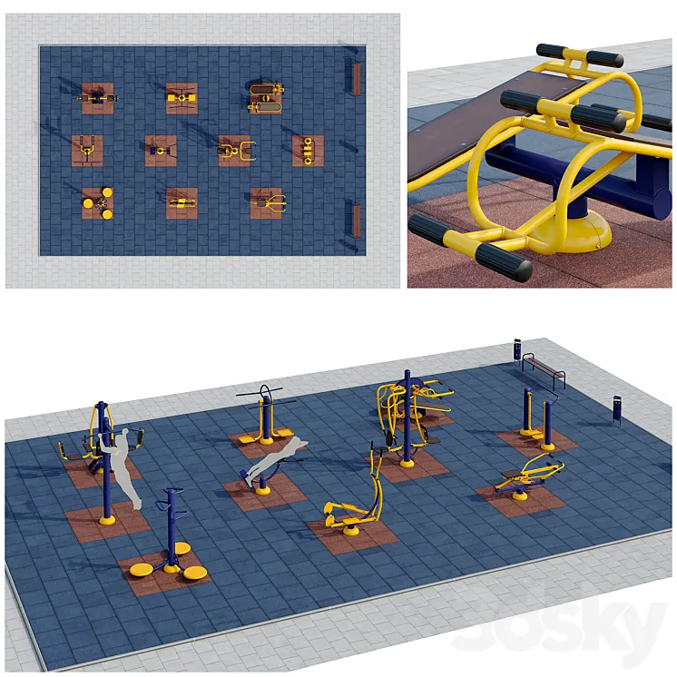 Sports ground with outdoor exercise trainers. Playground 3DS Max