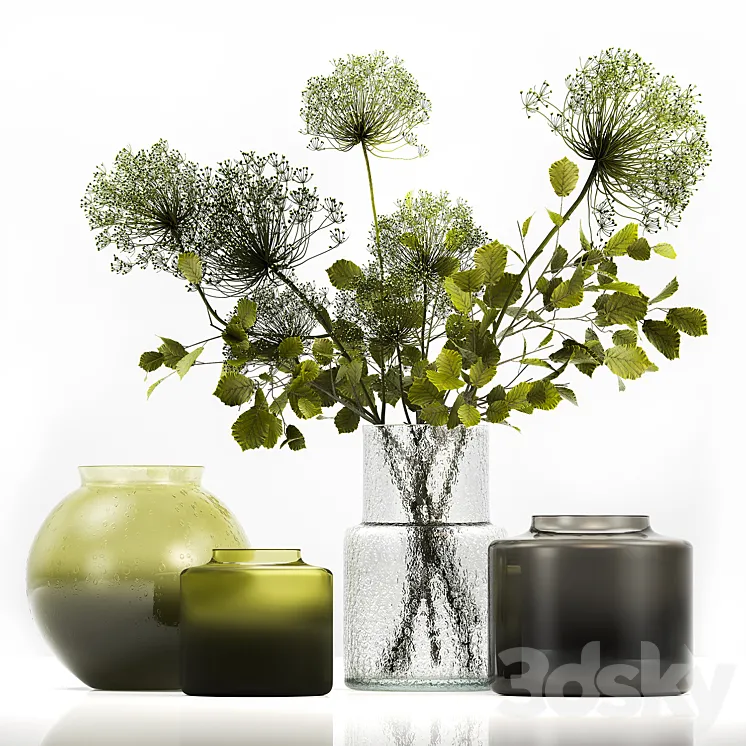 Spring bouquet of green flowers in a glass vase ikea ikea with hogweed branches leaves. 250 3DS Max Model