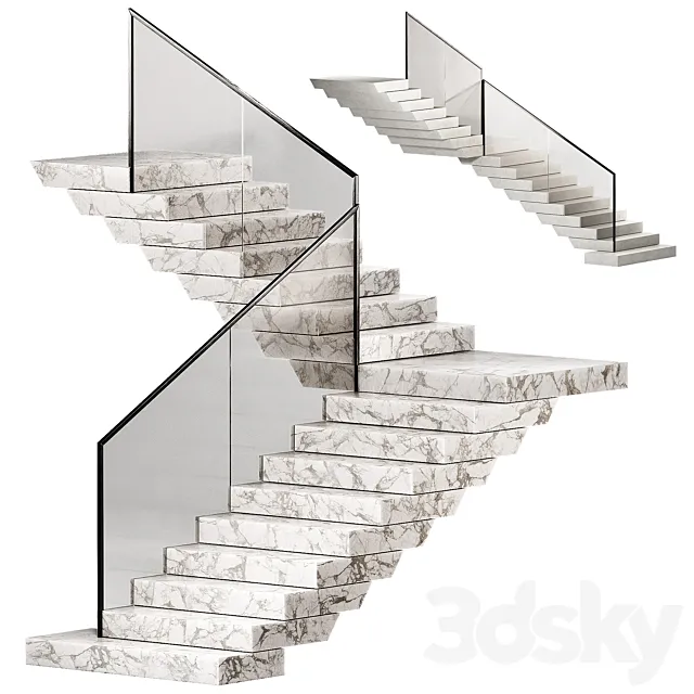 Stairs 3. Stone steps. Metal glass railings. 2 color options – marble and concrete. 3DS Max Model