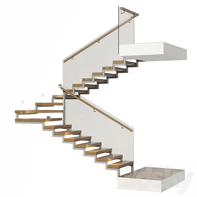 Stairs with a landing platform – made of wood. glass and metal with illumination PROFI LED IP44 3DSMax File