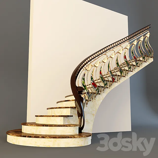 Stairs with golden handrail 3DSMax File