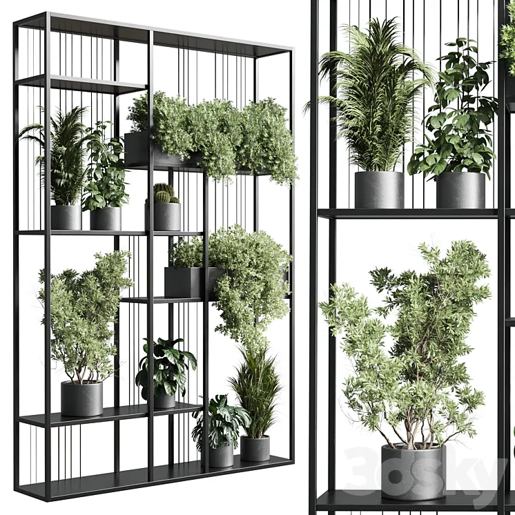 Standing metal shelf with a set of plants in concrete and metal boxes 325 3DS Max
