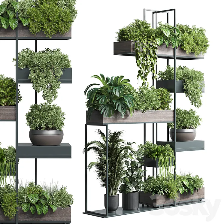 Standing metal shelf with a set of plants in wooden and metal boxes 267 3DS Max Model