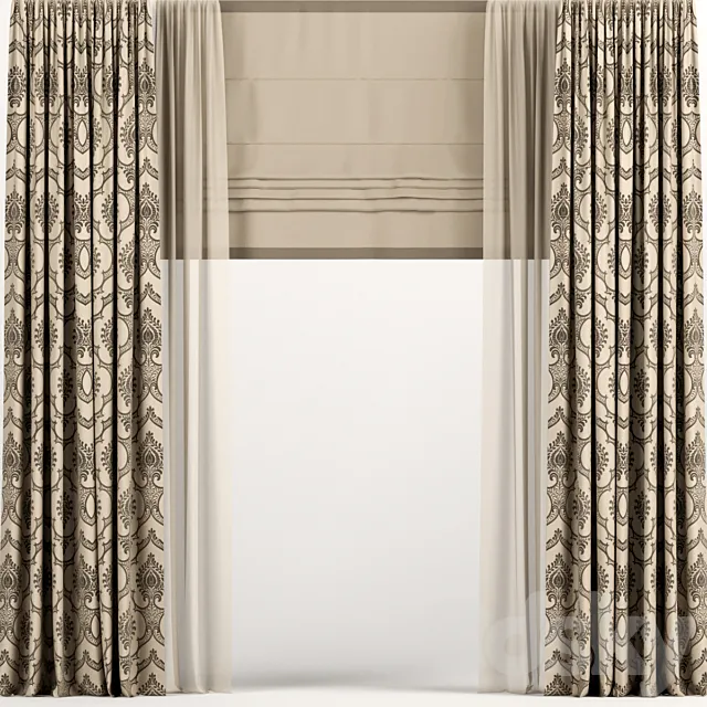Straight brown curtains with Roman and tulle. 3ds Max