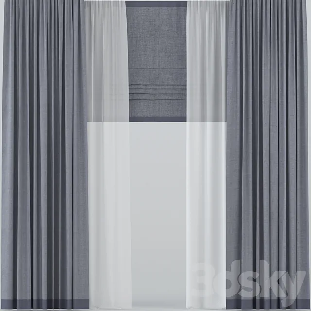 Straight curtains with tulle and roman 3DS Max Model