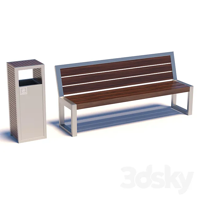 Street bench with trashcan 3DSMax File