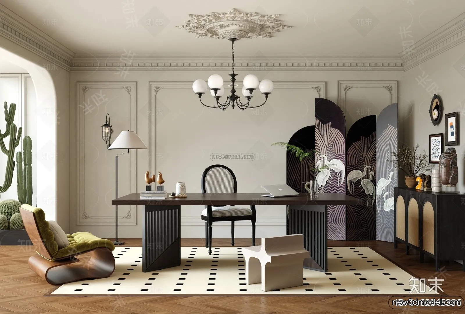 Study And Work Space – 3D Interior Scene – French Style – 009