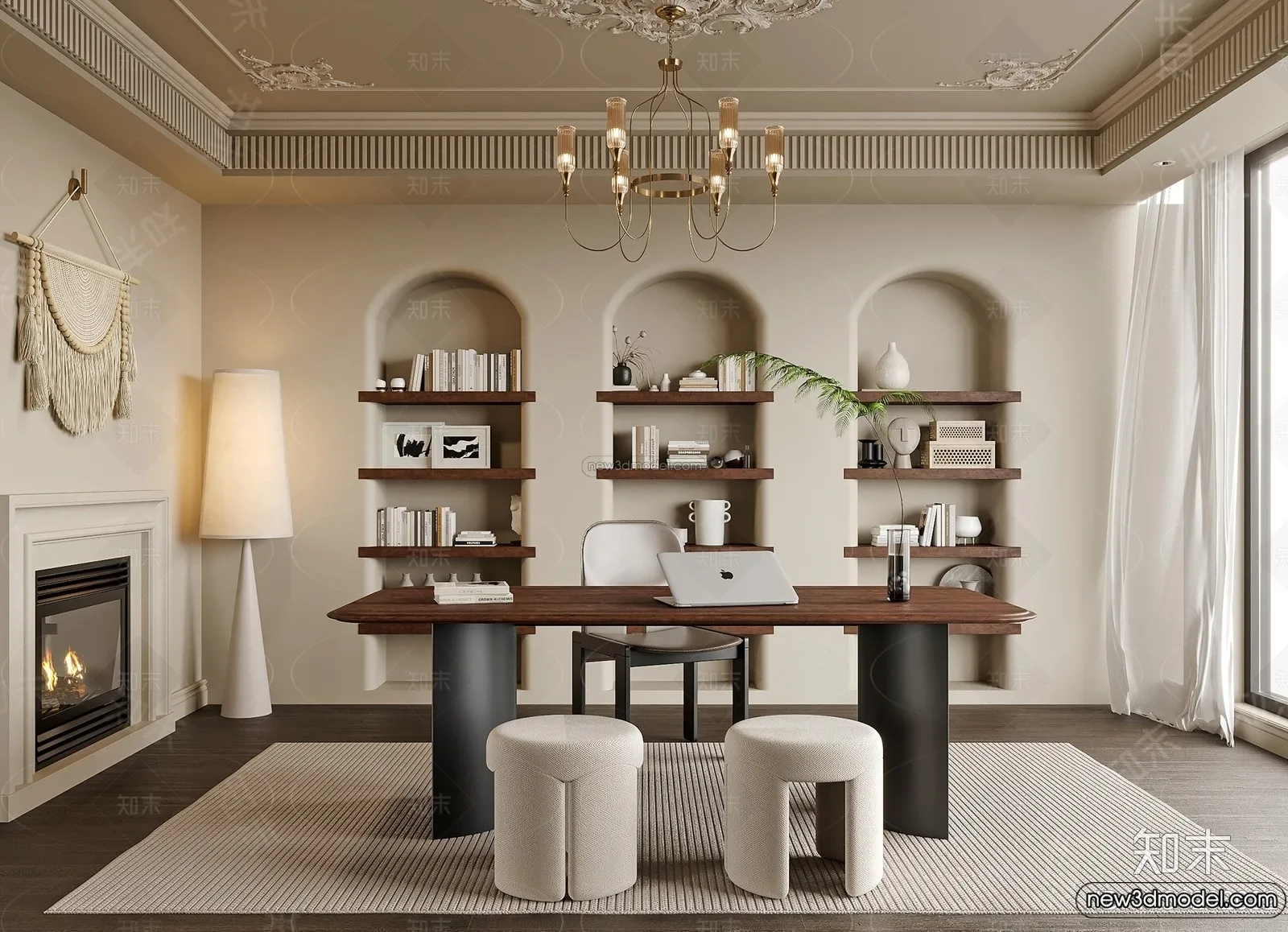 Study And Work Space – 3D Interior Scene – French Style – 013