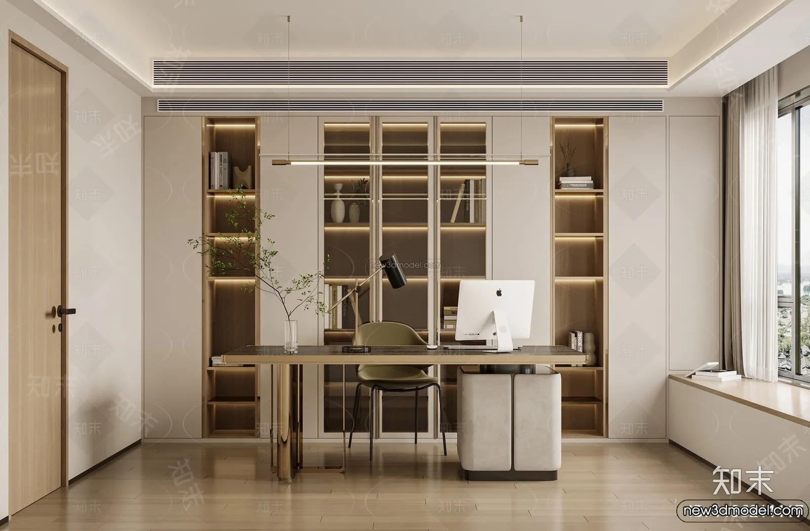 Study and Work Space – 3D Interior Scene – Italian Style – 002