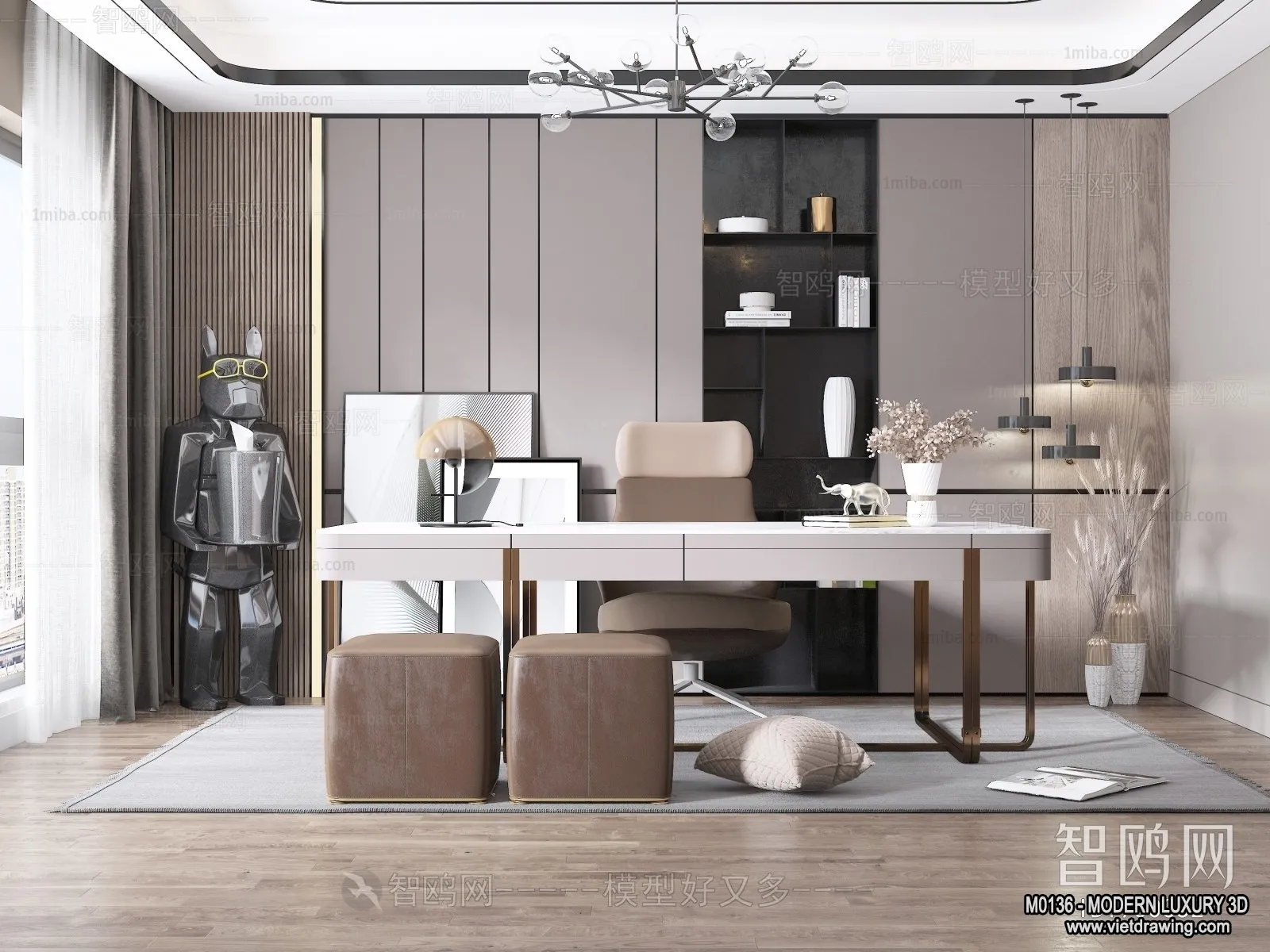 Study and Work Space – 3D Interior Scene – Luxury Style – 001