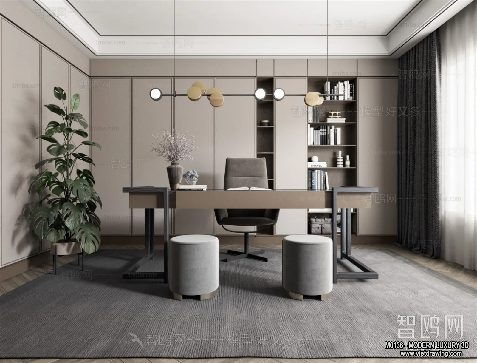 Study and Work Space – 3D Interior Scene – Luxury Style – 005