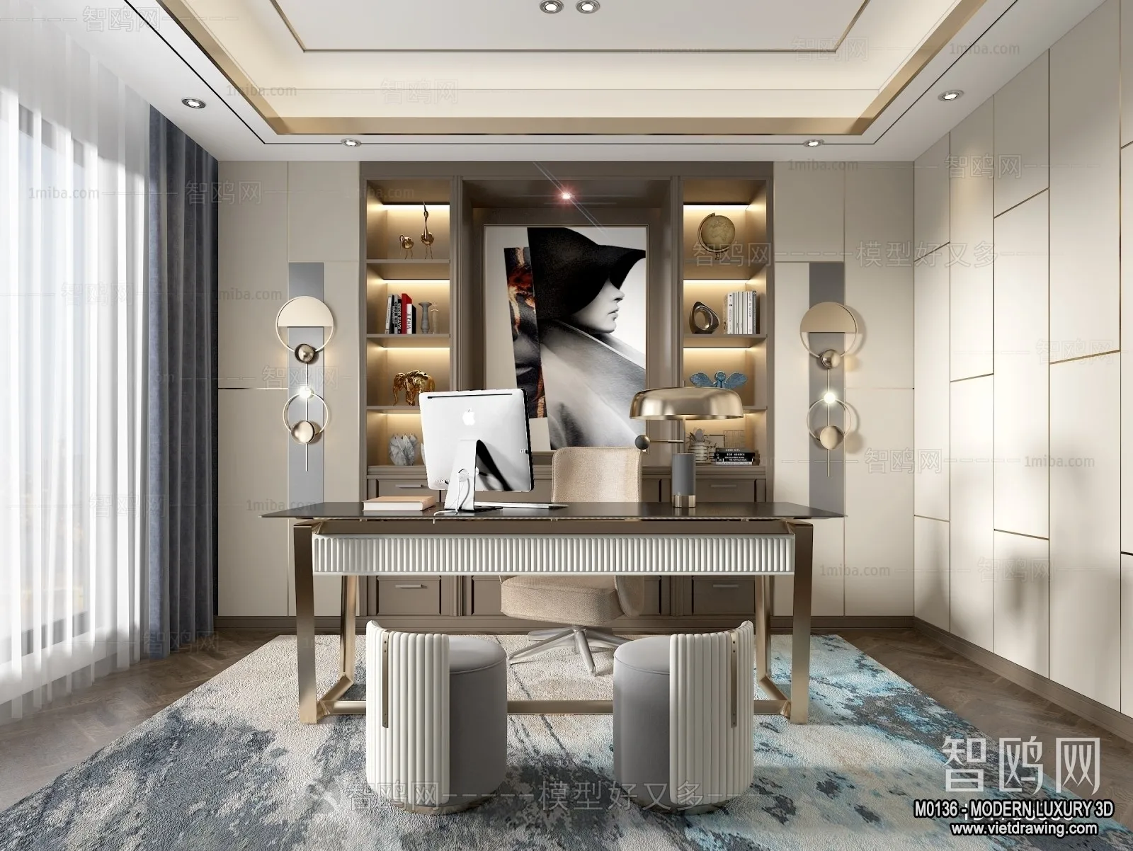 Study and Work Space – 3D Interior Scene – Luxury Style – 006