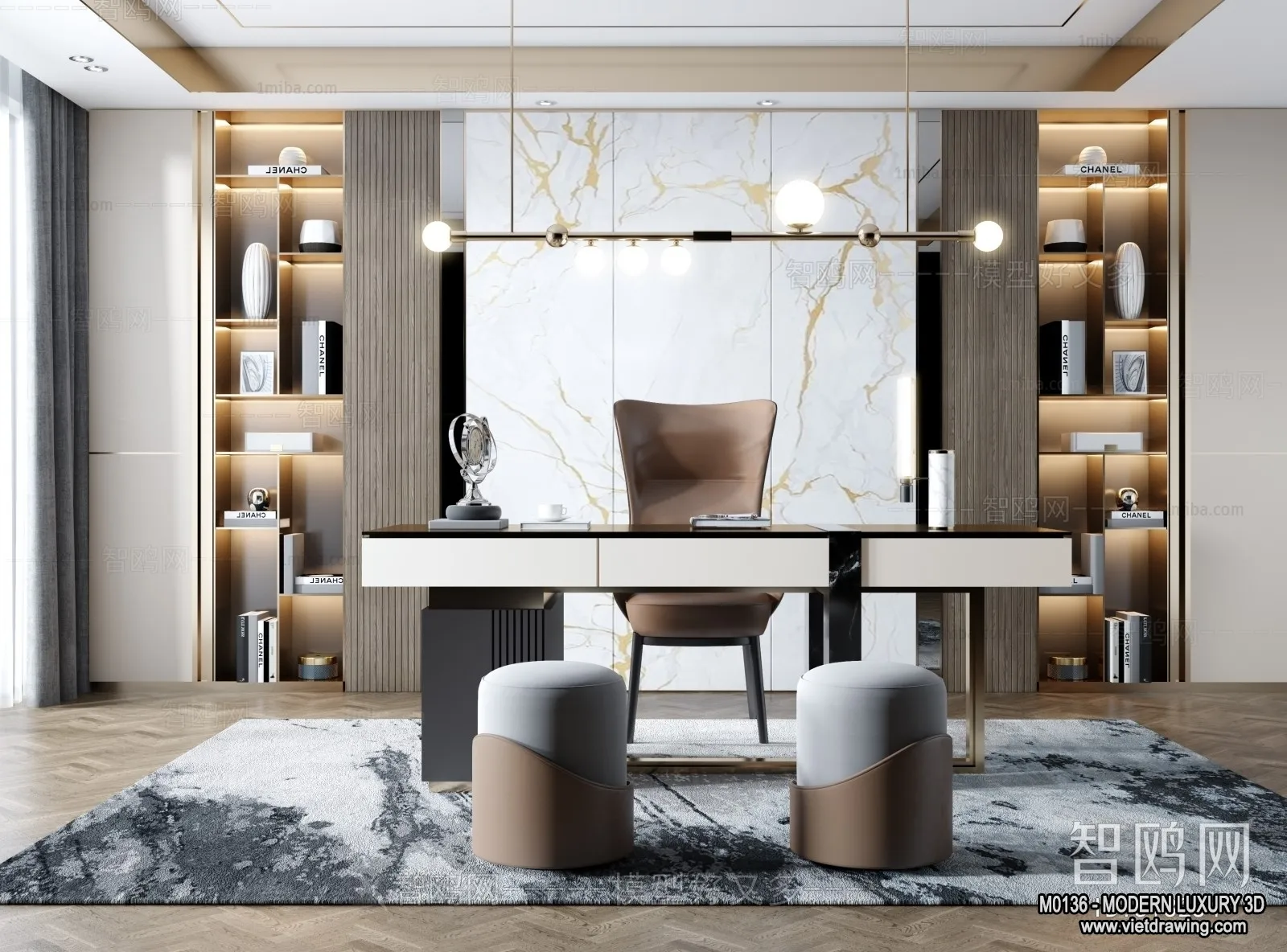 Study and Work Space – 3D Interior Scene – Luxury Style – 007