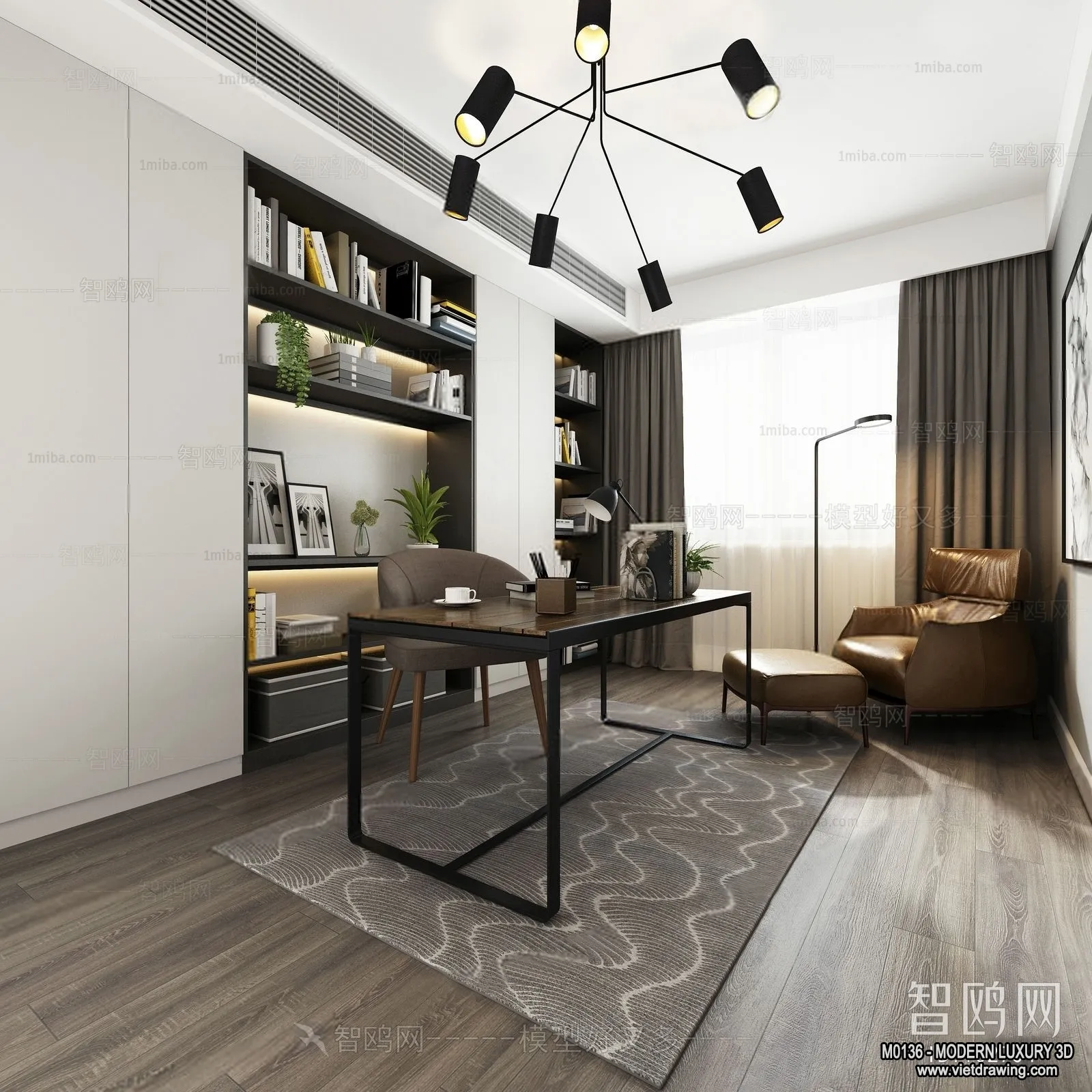 Study and Work Space – 3D Interior Scene – Luxury Style – 009