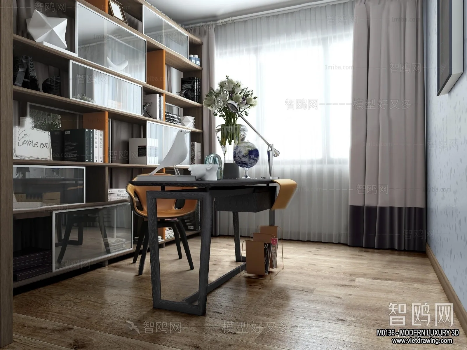 Study and Work Space – 3D Interior Scene – Luxury Style – 010