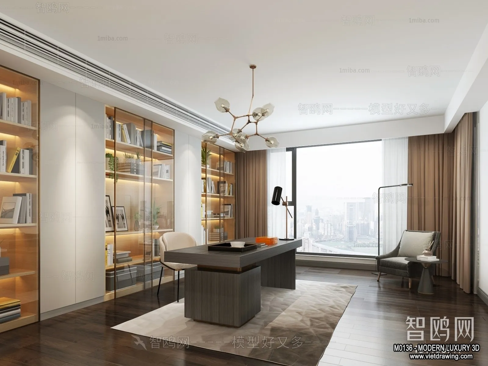 Study and Work Space – 3D Interior Scene – Luxury Style – 011