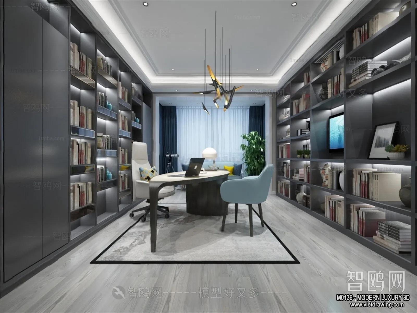 Study and Work Space – 3D Interior Scene – Luxury Style – 014