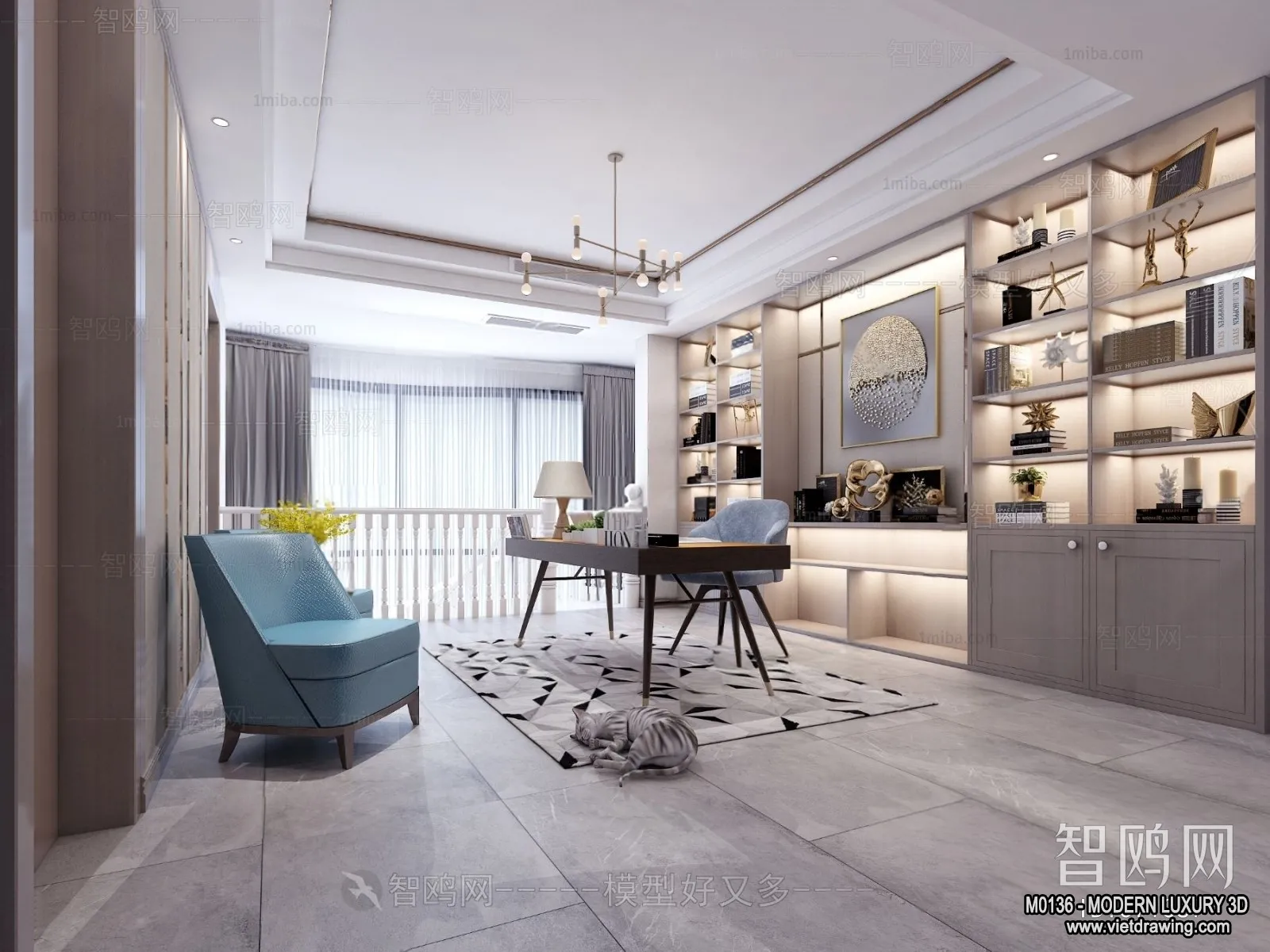 Study and Work Space – 3D Interior Scene – Luxury Style – 016