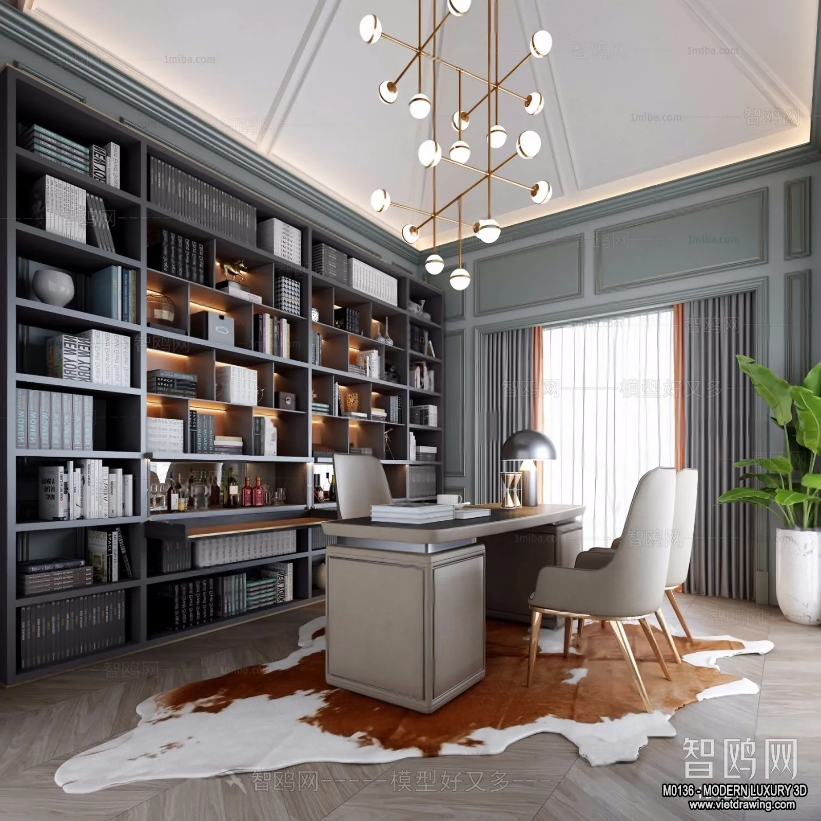 Study and Work Space – 3D Interior Scene – Luxury Style – 017