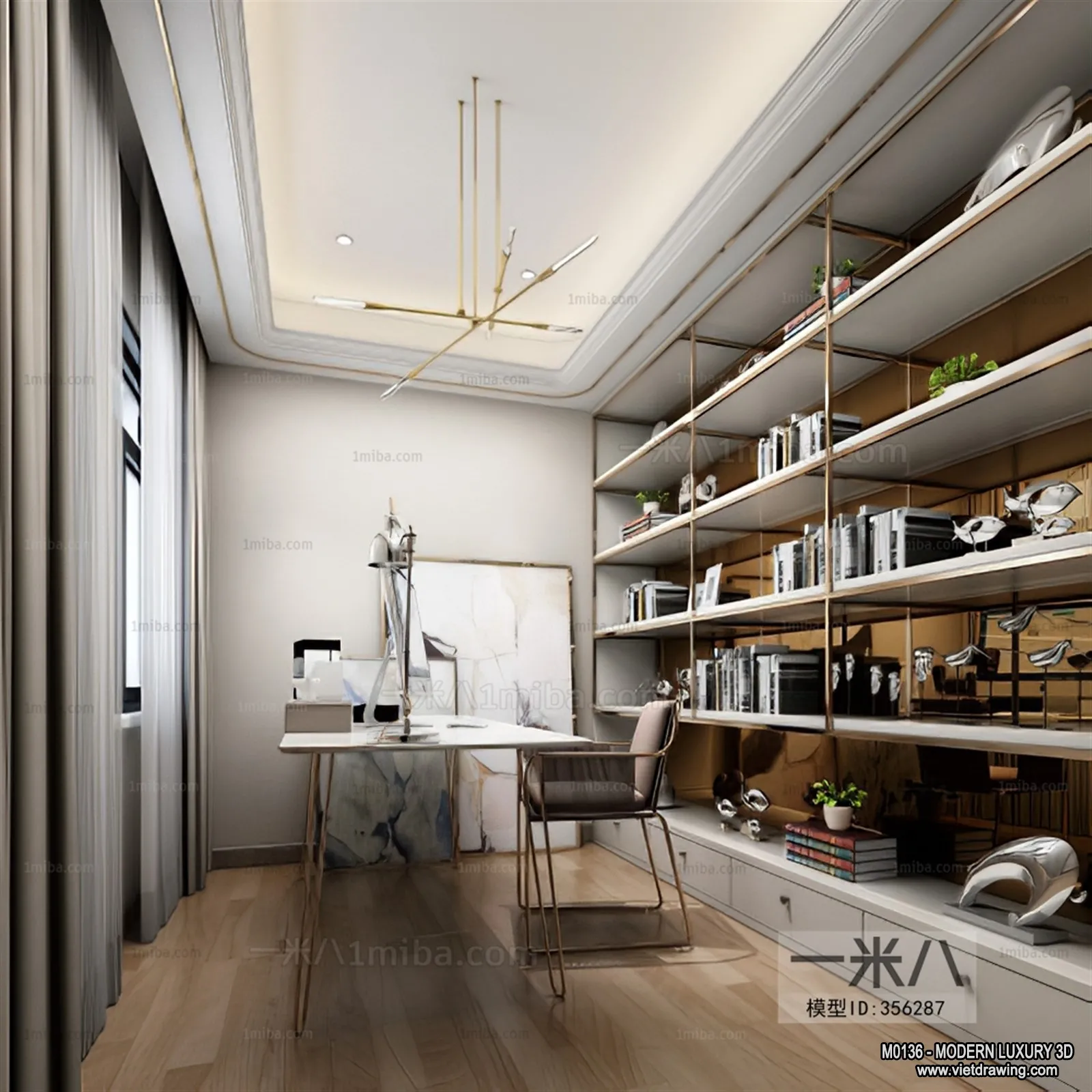 Study and Work Space – 3D Interior Scene – Luxury Style – 019