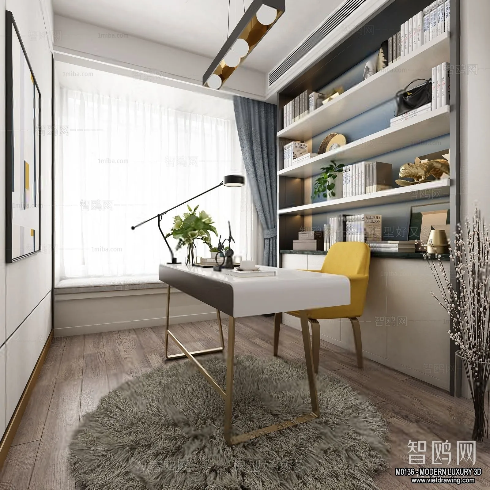 Study and Work Space – 3D Interior Scene – Luxury Style – 023