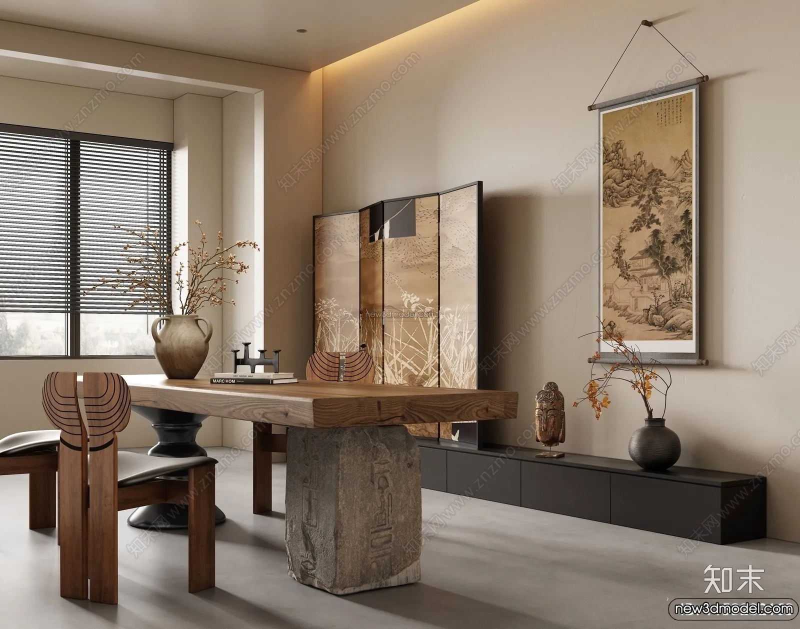 Study And Work Space 3D Interior Scene Model – Wabi Sabi Style – 001