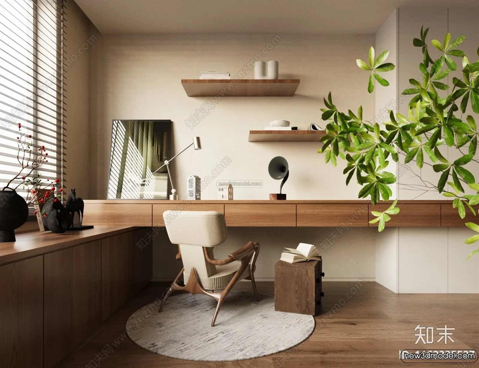 Study And Work Space 3D Interior Scene Model – Wabi Sabi Style – 020