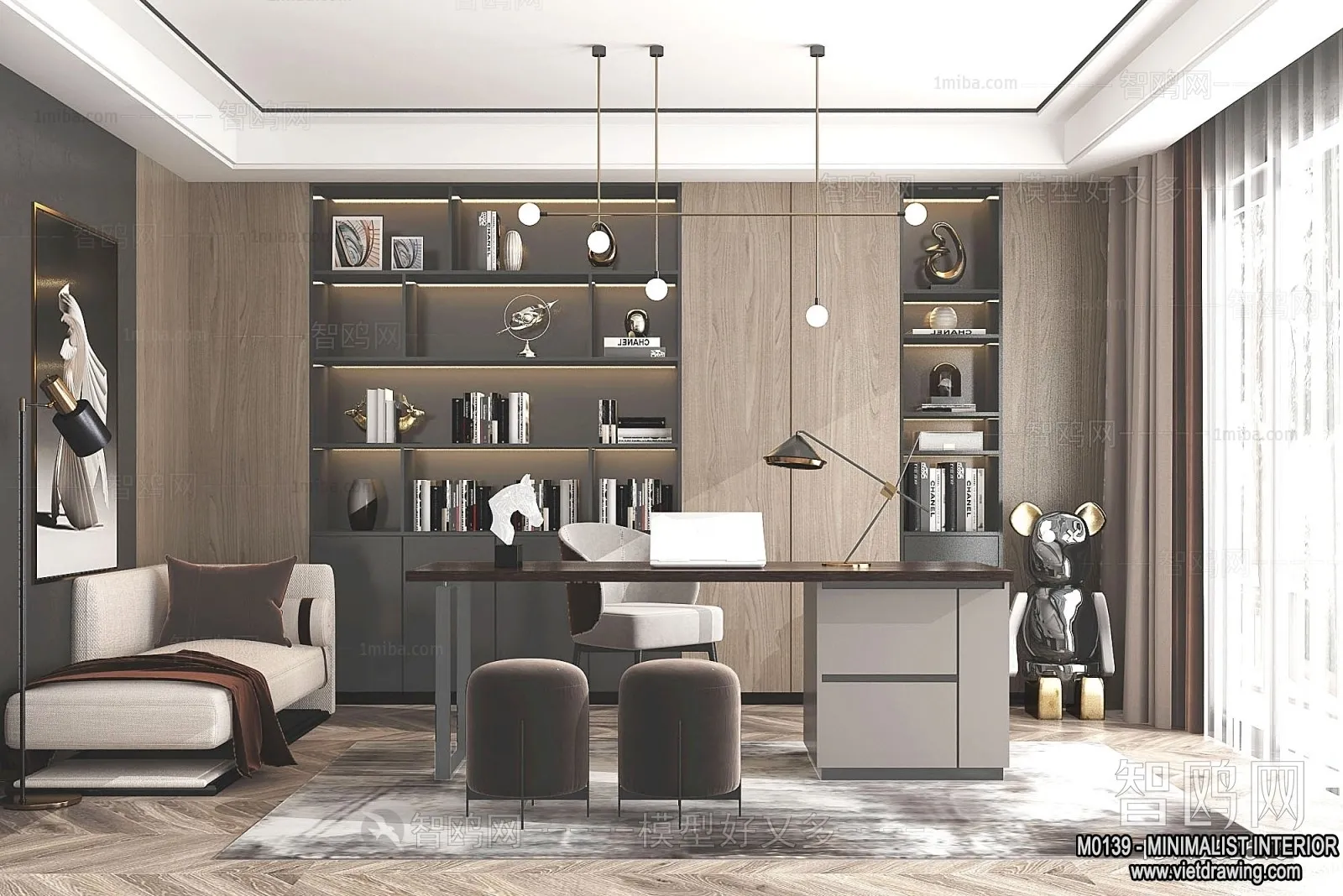 Study and Work Space – Minimalist Style – 3D Interior Scene – 014