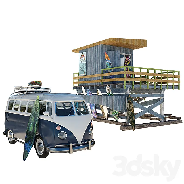 Surfing school with volkswagen t1 3ds Max