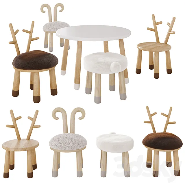 Table and chairs for the children’s room “Animals” 3ds Max