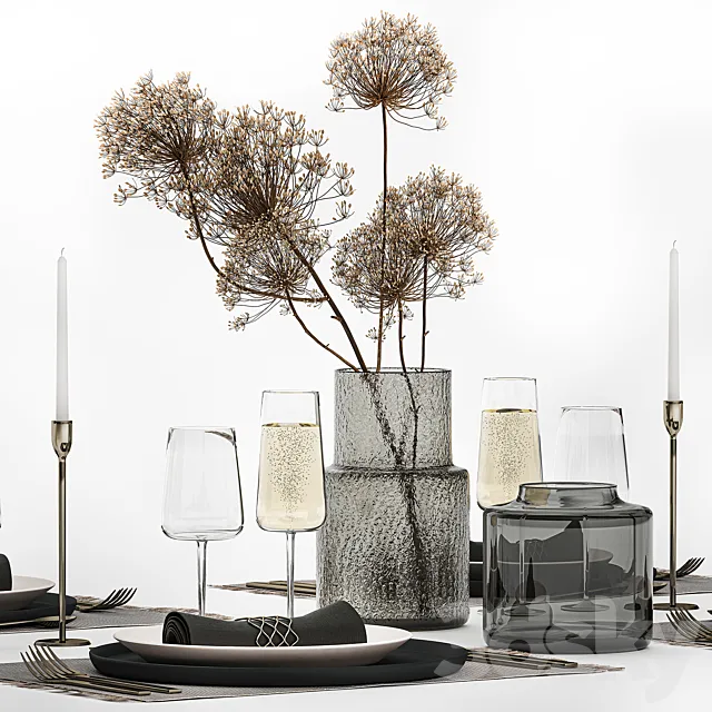 Table service 24. Dried flower bouquet hogweed branches cutlery glass sparkling wine luxury decor eco design vase 3ds Max