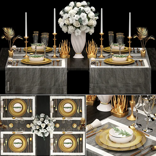 Table setting 2. ZARA HOME. white bouquet. gold decor. luxury. table decoration. cutlery. candles 3DSMax File
