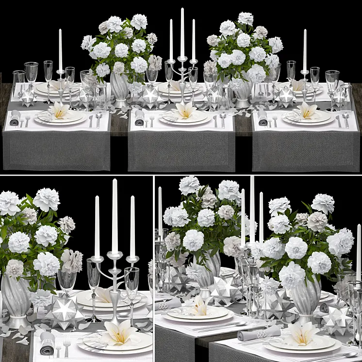 Table setting 4. ZARA HOME. White bouquet peonies tablecloth glass vase 6 persons luxury decor table decoration cutlery candles stylish festive solemn 3DS Max