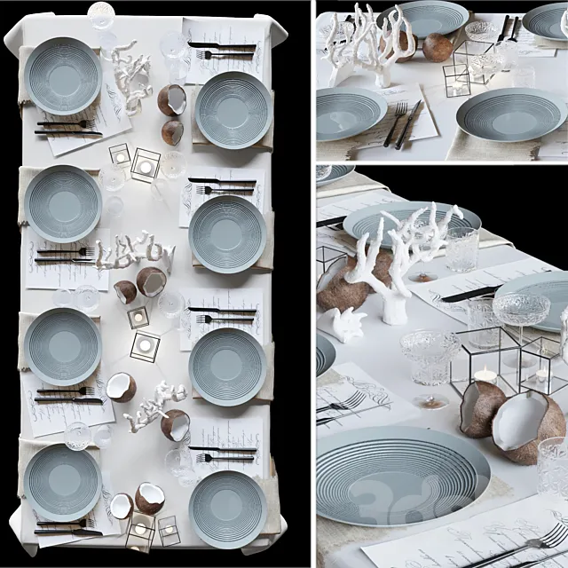 Table setting with collectible crockery. candles and marine-style corals 3DSMax File