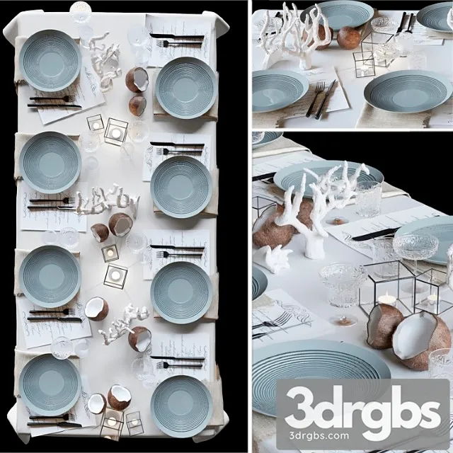 Table Setting With Collectible Tableware Candles And Corals In A Marine Style 3dsmax Download
