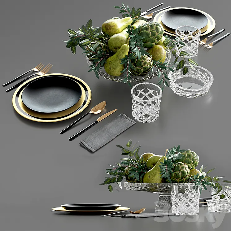 Table setting with Fruits in crystal vase 3DS Max