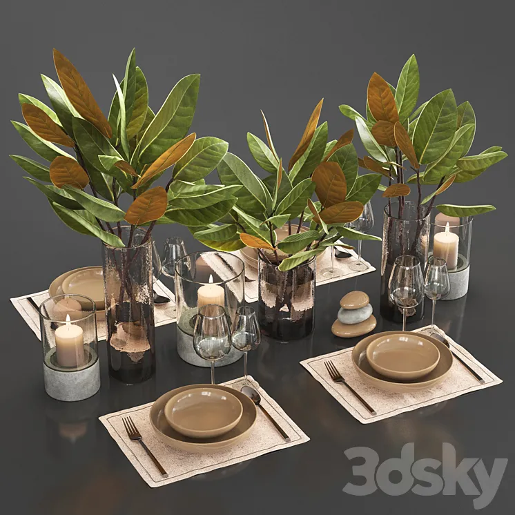 Table setting with leaves_1 3DS Max
