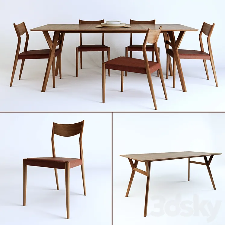 Tate Leather Dining Chair + Mid-century dining table 3DS Max